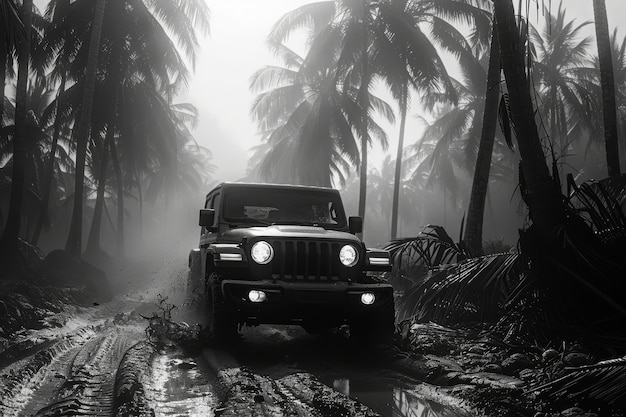 Free Photo black and white view of off-road vehicle driven on rough terrain