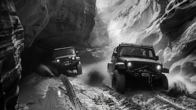 Free photo black and white view of off-road vehicle driven on rough terrain