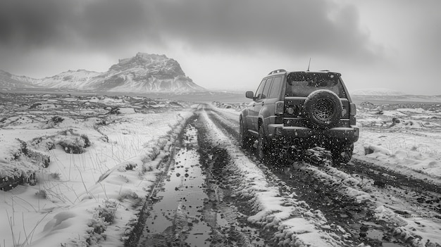 Black and white view of off-road vehicle driven on rough terrain