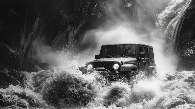 Free photo black and white view of off-road vehicle driven on rough terrain