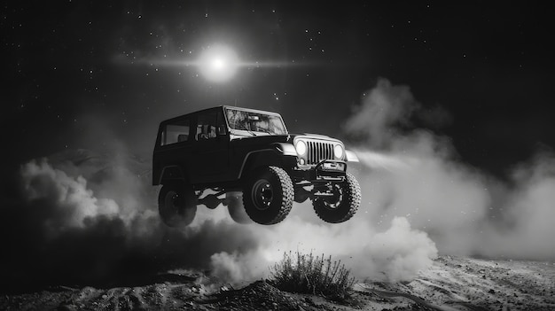 Free photo black and white view of off-road vehicle driven on rough terrain