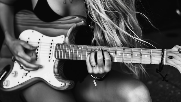 Free photo black and white view of person playing electric guitar