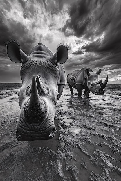 Black and white view of rhino