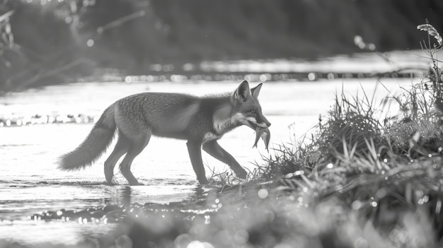 Black and white view of wild fox in its natural habitat