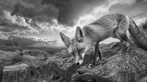 Black and white view of wild fox in its natural habitat