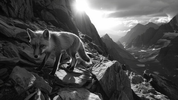 Black and white view of wild fox in its natural habitat