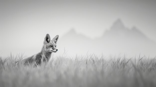 Black and white view of wild fox in its natural habitat