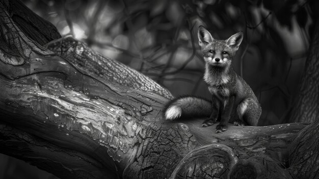 Black and white view of wild fox in its natural habitat