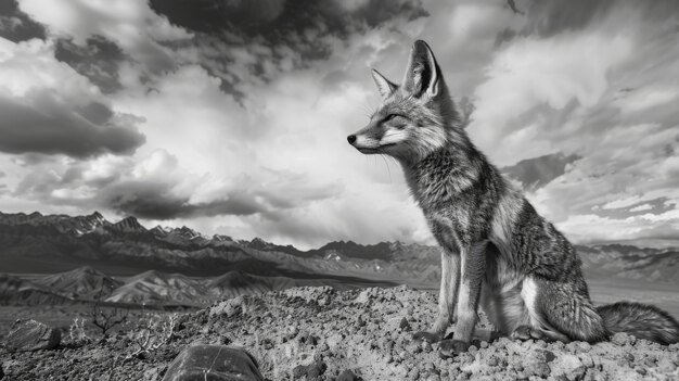 Black and white view of wild fox in its natural habitat