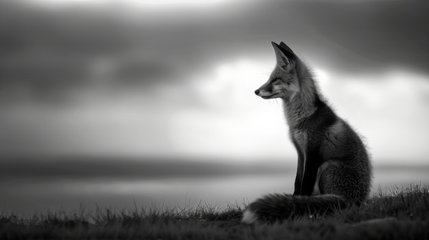 Free photo black and white view of wild fox in its natural habitat