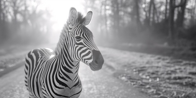 Black and white view of wild zebra with striped coat