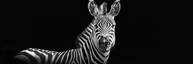 Black and white view of wild zebra with striped coat