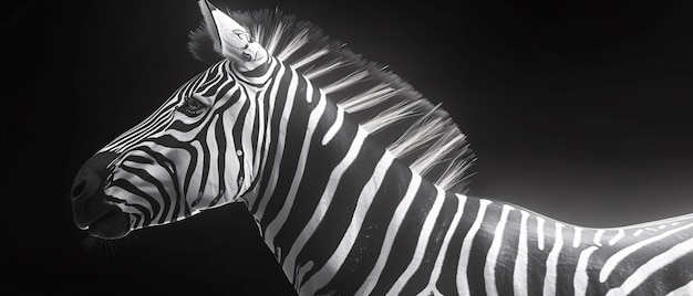 Black and white view of wild zebra with striped coat