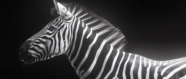 Black and white view of wild zebra with striped coat