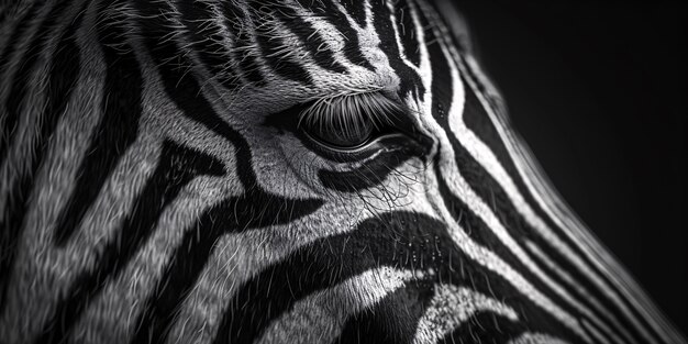 Black and white view of wild zebra with striped coat