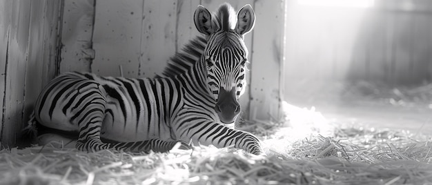 Black and white view of wild zebra with striped coat