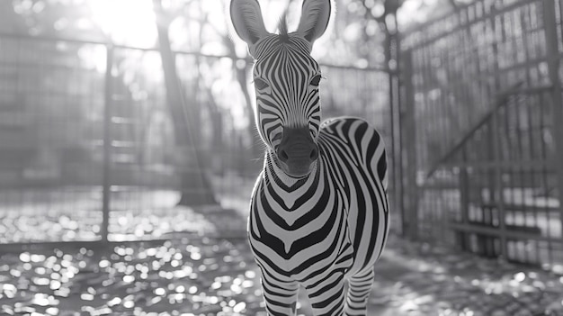 Black and white view of wild zebra with striped coat