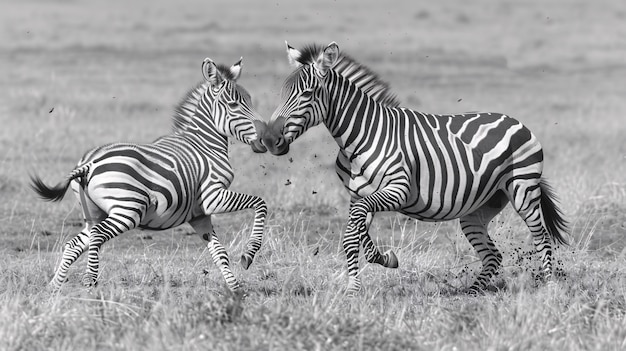 Black and white view of wild zebra with striped coat