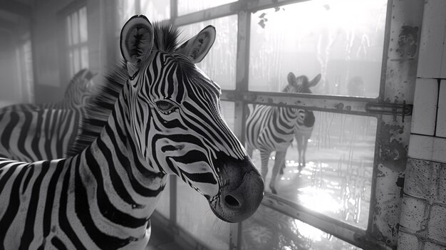 Black and white view of wild zebra with striped coat