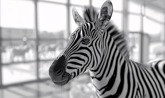 Black and white view of wild zebra with striped coat