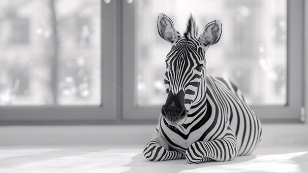 Black and white view of wild zebra with striped coat