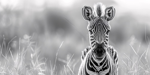 Black and white view of wild zebra with striped coat