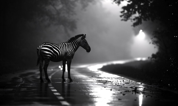 Black and white view of wild zebra with striped coat