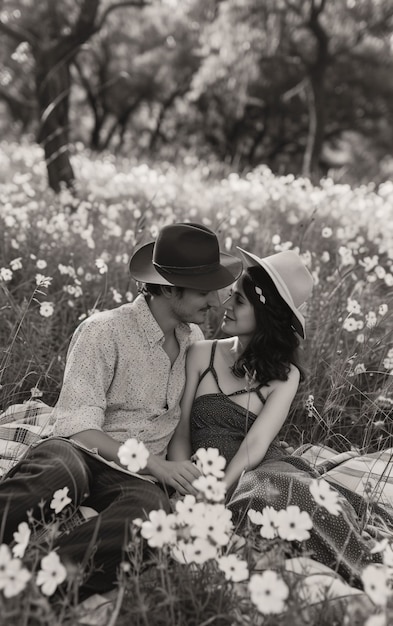 Free photo black and white vintage couple enjoying a picnic