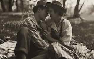 Free photo black and white  vintage couple enjoying a picnic