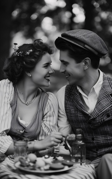 Free photo black and white  vintage couple enjoying a picnic