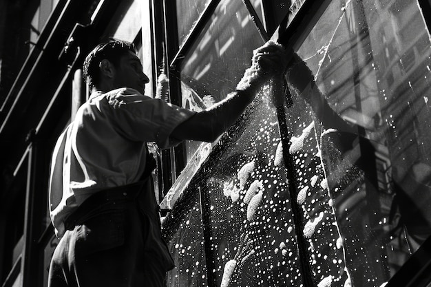 Free photo black and white vintage portrait of man doing housework and household chores