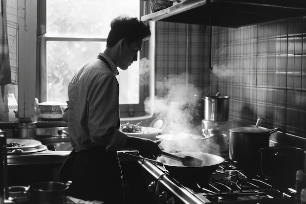 Free photo black and white vintage portrait of man doing housework and household chores