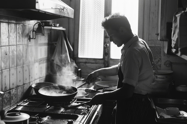 Free photo black and white vintage portrait of man doing housework and household chores