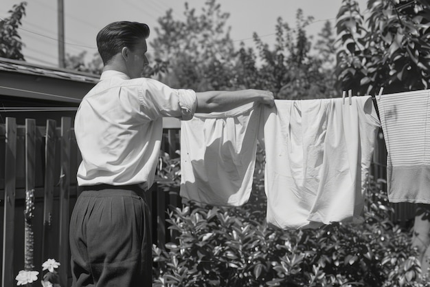 Free photo black and white vintage portrait of man doing housework and household chores