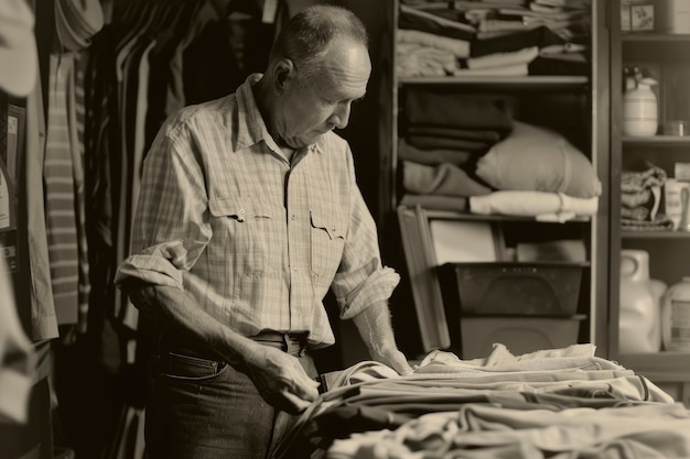 Free photo black and white vintage portrait of man doing housework and household chores