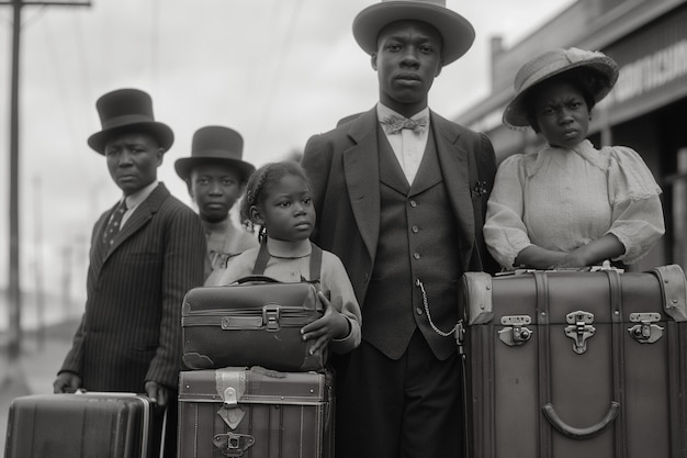 Free photo black and white vintage scene with people migrating to rural zones in old times