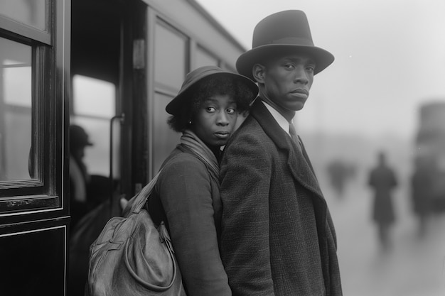 Black and white vintage scene with people migrating to rural zones in old times