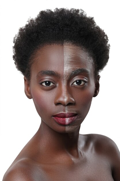 Black woman with half face on makeup, beauty concept