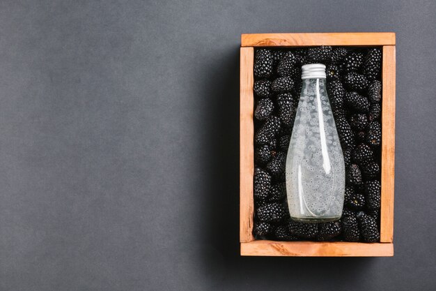 Blackberry juice bottle on wooden box