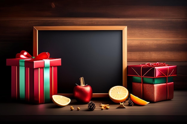 A blackboard with a christmas present and a red apple on it