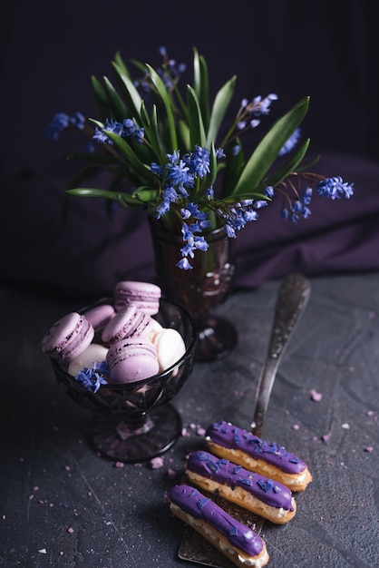 Blackcurrant cheese cake near the vase