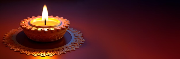 Free photo blank banner of realistic golden candle for diwali on a gradient background