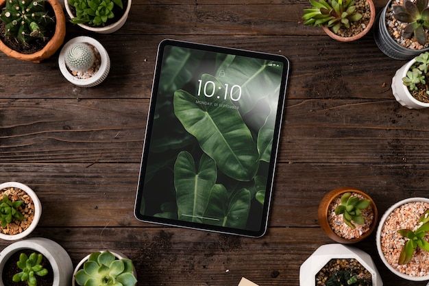 Free photo blank digital tablet screen in houseplants background