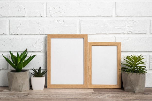 Free photo blank frames next to flower pots