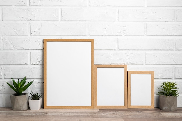 Free photo blank frames next to flower pots