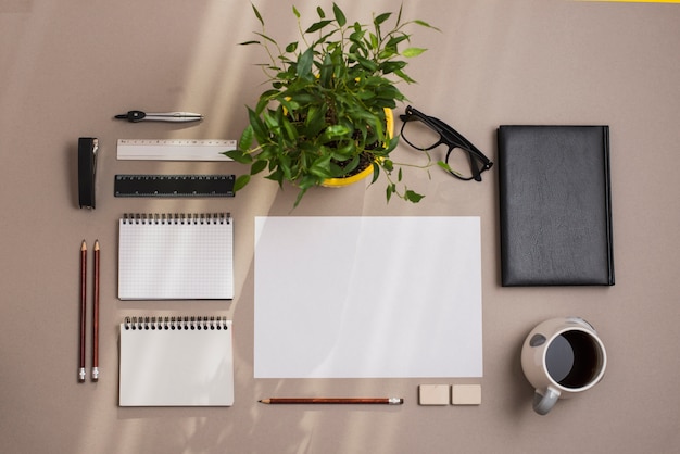 Free photo blank paper; notepad; pencils; tea cup; diary and potted plant on colored background