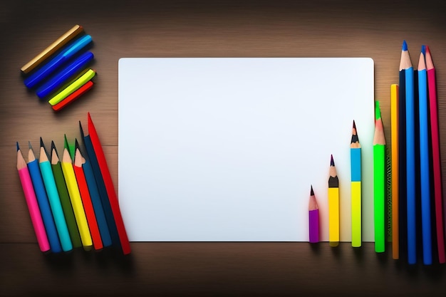 A blank paper with colored pencils on it is on a wooden table