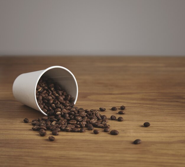 Blank white paper cup with good roasted coffee beans dropped on thick wooden table in cafe shop