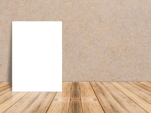 Blank white paper poster at tropical plank wooden floor and paper wall, Template mock up for adding your content,leave side space for display of product