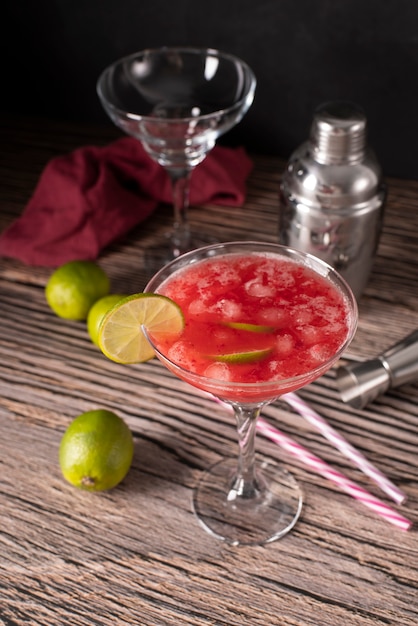 Blend of cocktails in glasses with ice cubes and straws